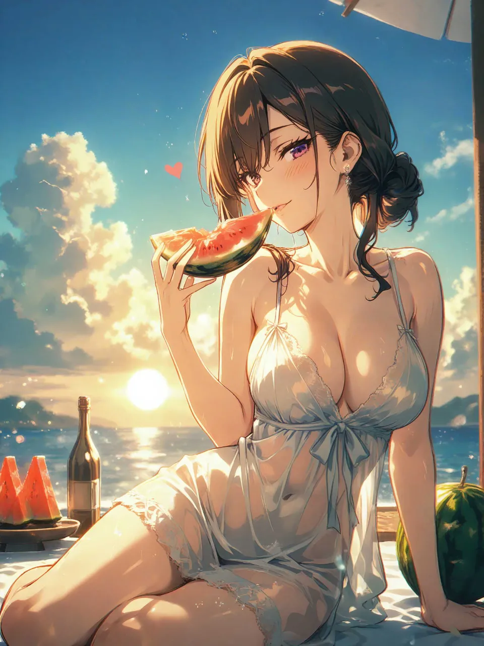 夏、入道雲、夕焼け、西瓜