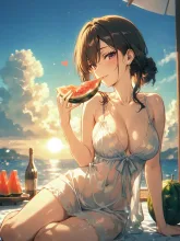 夏、入道雲、夕焼け、西瓜