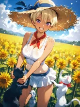 エリザベス・ローゼンクロイツ・安倍と向日葵畑と猫