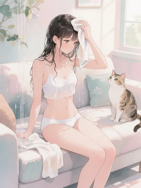 その横で猫もソファーの上でリリの様子をじぃっと見ている