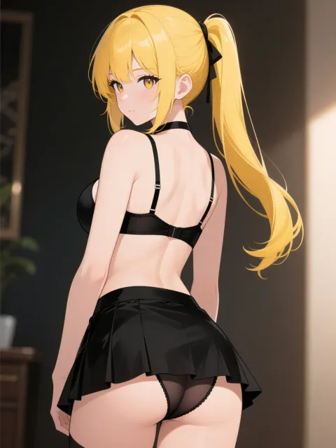 黄色髪サイドテールの少女が上半身黒のブラジャーで下半身は黒い…