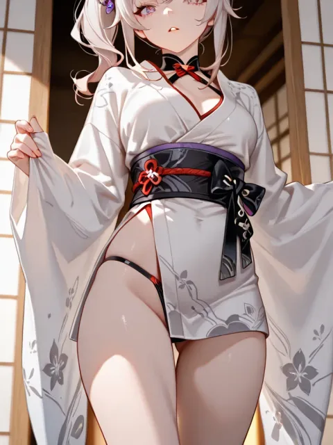 明るい縁側、襟をつまむ指、やわらかい水彩のにじみ - 麻縄