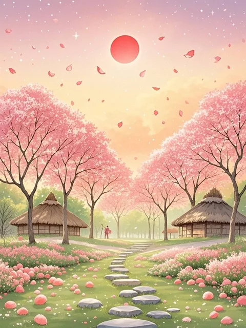 十里桃林、朵朵花瓣飘落、林间有几间茅草屋、林间小石径、桃花丛