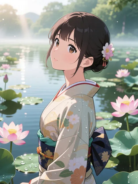 蓮と和装美人