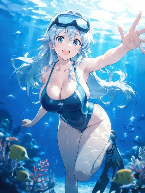 大人の色気が溢れる美女、水中ゴーグルと足ヒレ - 海女