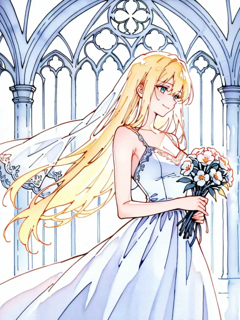 水彩で描くウェディングドレスの美しい女性、ブーケを持つ