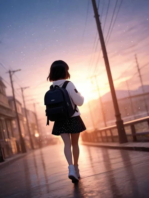 小さな女の子走ってる姿リュックを背負ってる背景夕日夕方