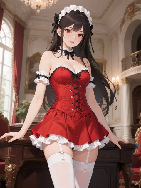 美しい女性 赤いコルセット フリフリのミニスカート ウサ耳…