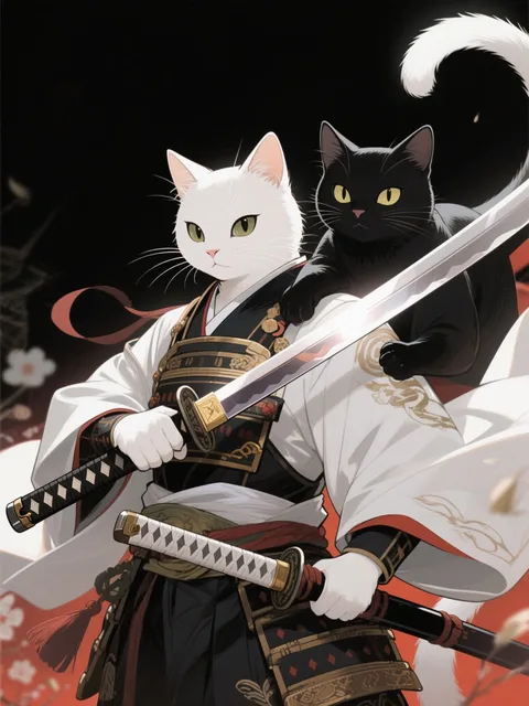 剣を抜くサムライ 白猫と黒猫 - 画像生成チャレンジ