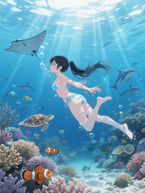 海で泳ぐ美少女