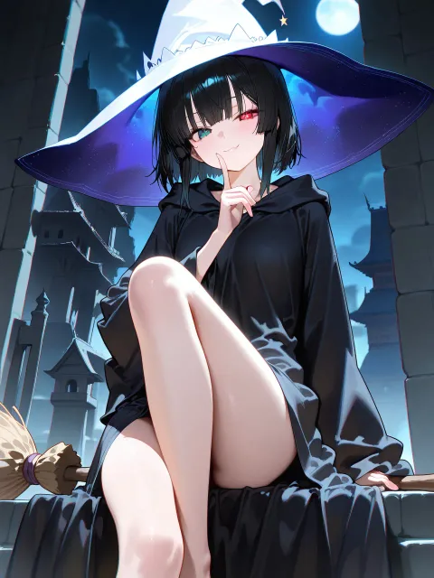 月夜の古城、帽子のつばに添えた指、肩に担いだ魔女の箒