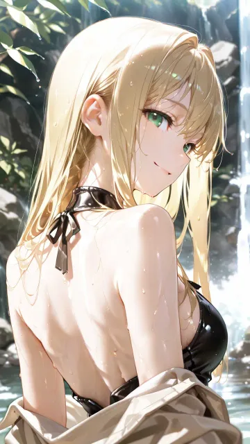 月明かり、18歳の美女、金色の髪、ストレートヘア、緑色の瞳