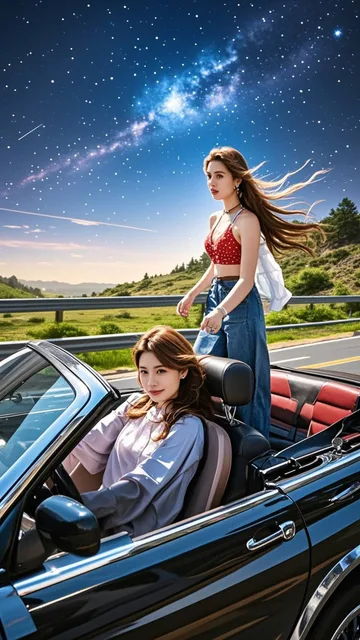 星空の下で髪をなびかせハイウェイをオープンカーで走り続けるセ…