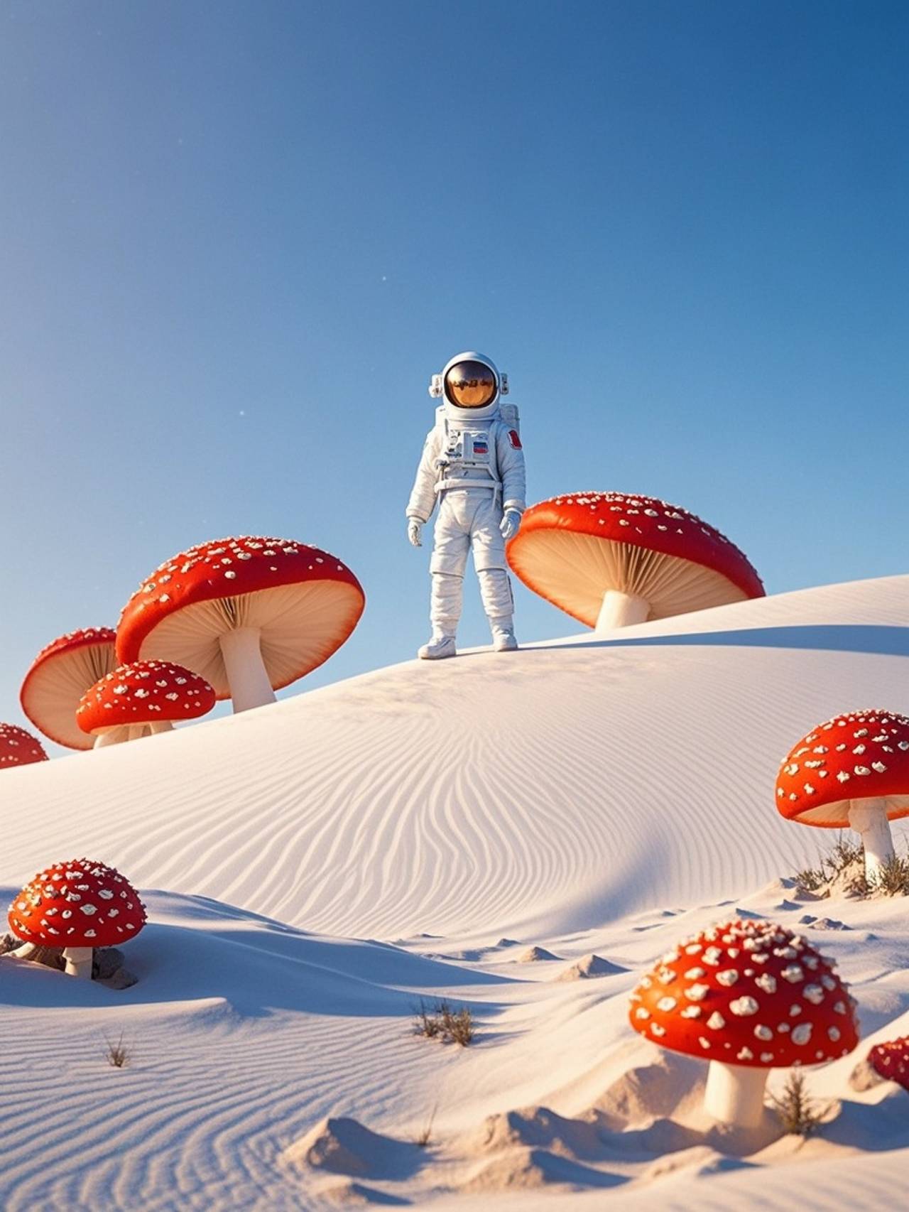 Young Astronaut Amongst Giant Red Mushrooms