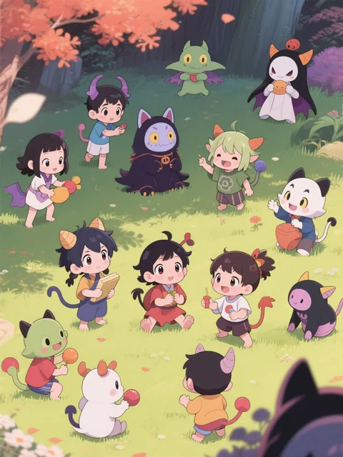 妖怪の子供達が仲良く遊んでいます
