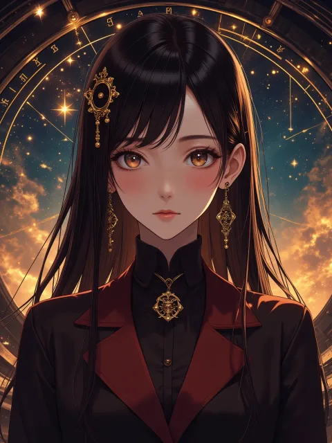 きちんとした服装、蠍座をイメージした深紅と黒の衣装の成年女性