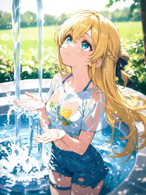 噴水を見上げる、舞い上がる水しぶき、夏の解放感、ボロボロの服