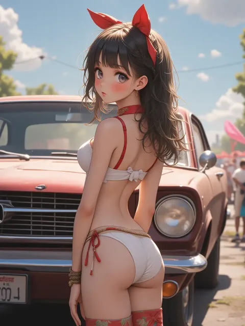 展示会のコンパニオン衣装の幼児体型の少女、車の横に立つ