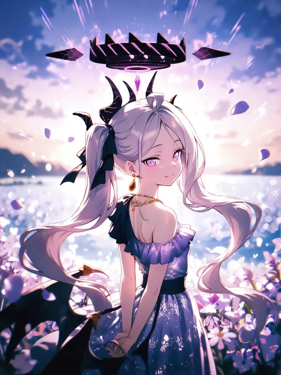 紫色の花畑とドレスヒナ