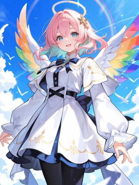 虹色の翼の美しい天使が楽しそうに空を飛んでいる 煌めき…