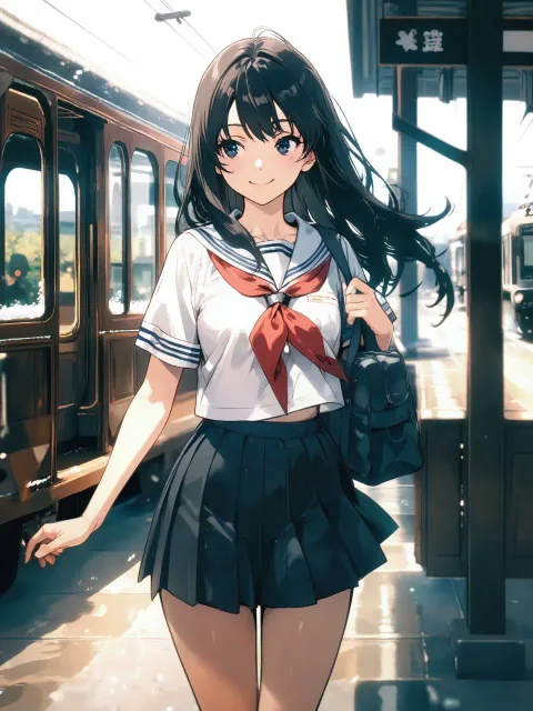 top quality、standing upright - 路面電車と制服少女