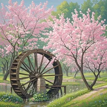 満開の桜と水車のある風景