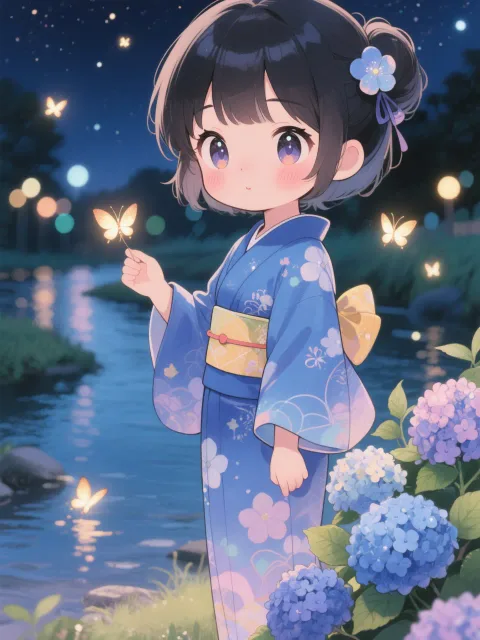 chibi girl、yukata、indigo blue - 蛍狩りの宵