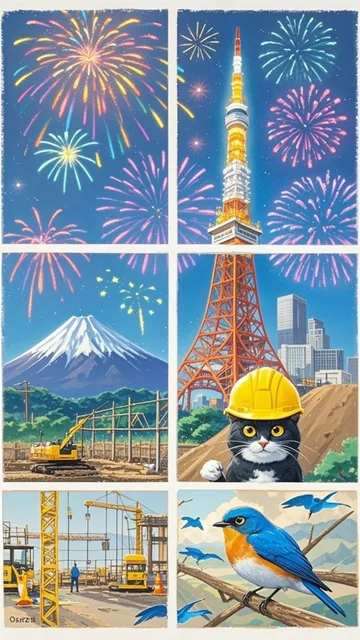 8コマ絵、道路工事する現場猫、黄色いヘルメットの現場猫、富士山、花火、東京タワー、青い鳥のルリビタキ、パステ