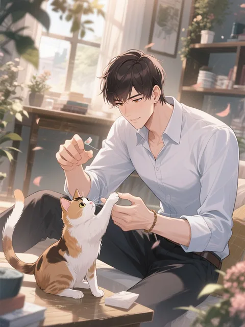 綺麗な猫と遊ぶ美男子