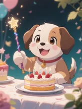犬が魔法でケーキを出している🎂🐶 — いっぬさんのAIイラスト