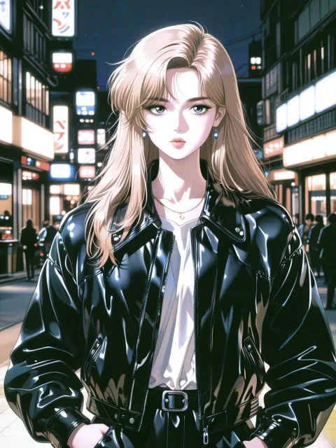 きちんとした服装、黒い革のライダースジャケットを着た成年女性