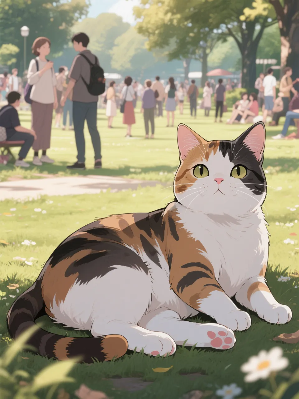 人が多い公園でくつろぐ猫