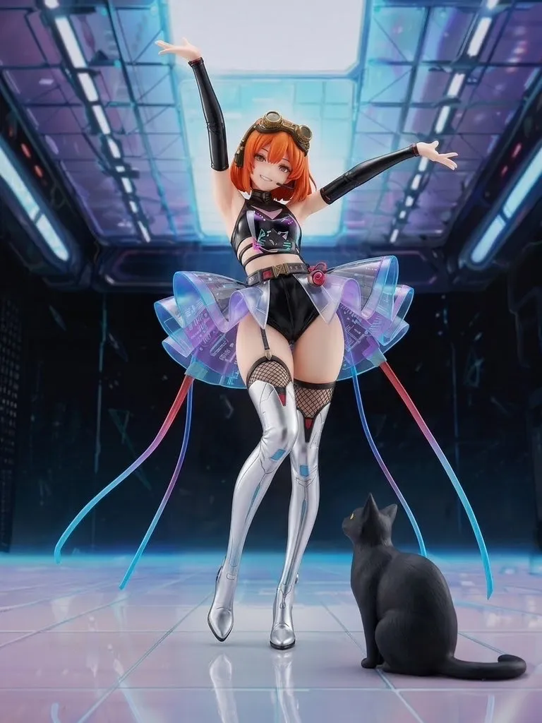 サイバーなeスポーツ会場にやってきた…パンク娘と黒ニャンコ…フィギュア…橙 — たくりんさんのAIイラスト