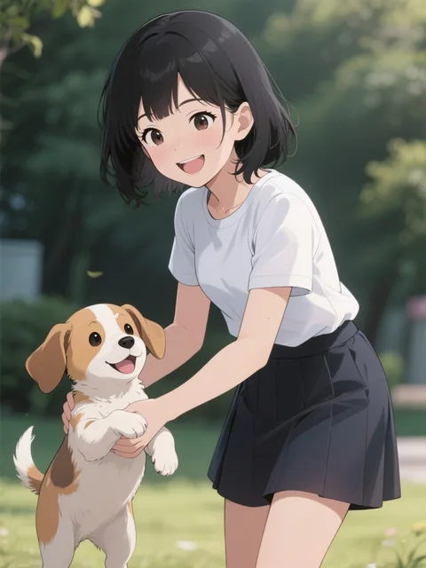 黒髪ミディアムヘアの幼い女の子 半袖シャツとスカートを着てい…