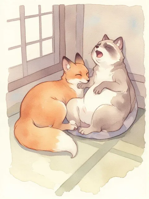 寝転ぶ二匹、キャラクター無し、座布団、腹見せ - 猫耳 vs 犬耳