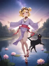蓮池にやって来た…パンク娘と黒ニャンコ…黄 — 蓮池イラストのAIイラスト|SUPPART