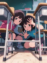 机の影に隠れる子ども達