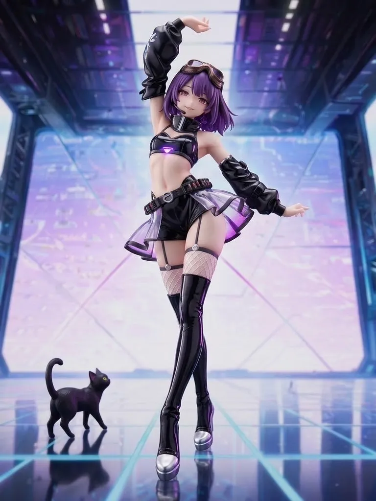 サイバーなeスポーツ会場にやってきた…パンク娘と黒ニャンコ…フィギュア…紫 — たくりんさんのAIイラスト