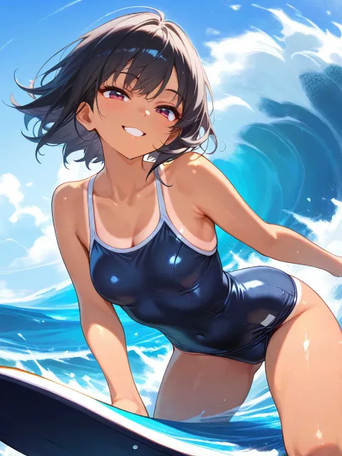 健康的で色っぽいサーファーの美少女、爽やかな笑顔