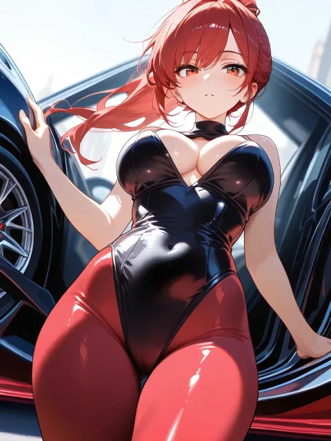 スーパーカーの成年女性、真紅の車体に寄り添う、色っぽい流し目
