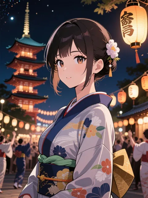 浴衣の美女、盆踊り、櫓と提灯、盆踊りの夜、流し目