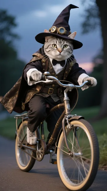 猫が魔法使いの格好(自転車に乗る時用)をしている