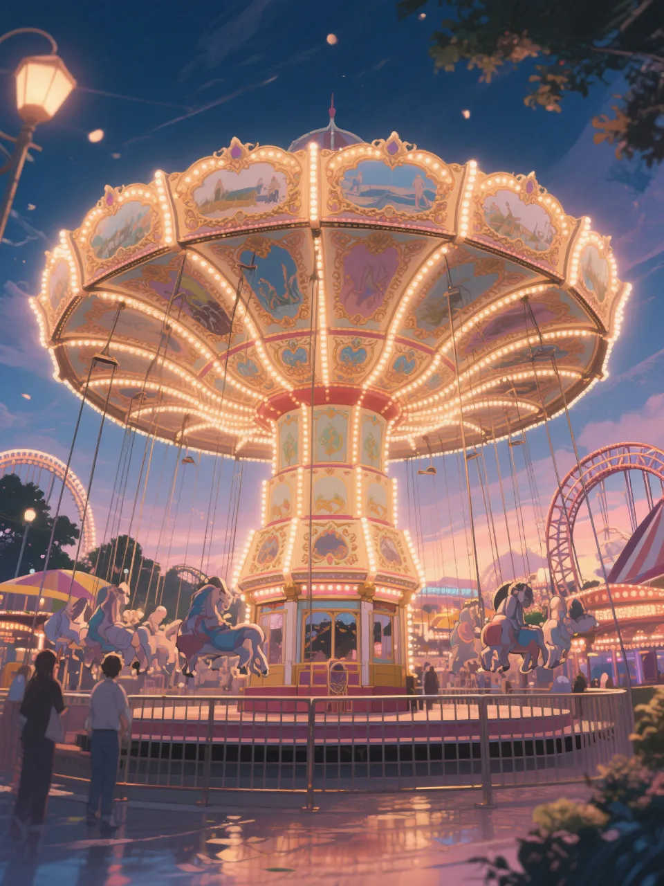 夕暮れの遊園地に輝くメリーゴーランド