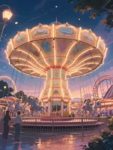 夕暮れの遊園地に輝くメリーゴーランド