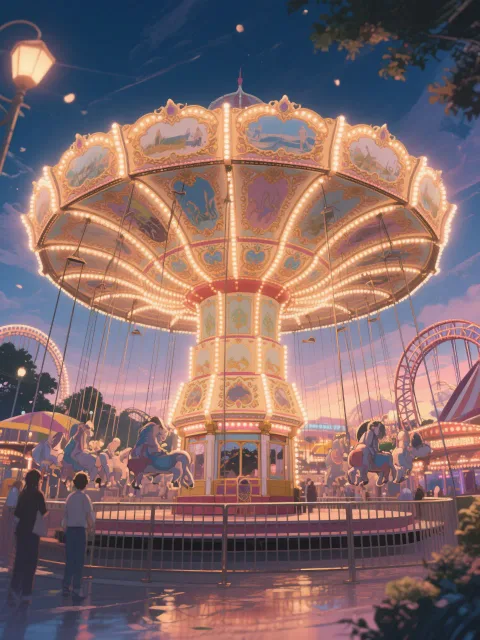 夕暮れの遊園地に輝くメリーゴーランド