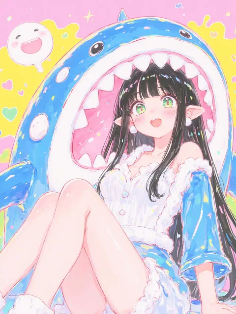 黒髪ロングの少女、清楚系女子、サメ着ぐるみ