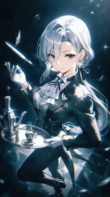 御屋敷のホールロビー、白手袋、凛々しく色っぽい、黒の執事服