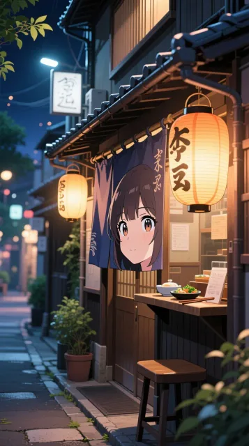 小料理屋の暖簾と灯り、夏の夜の路地裏