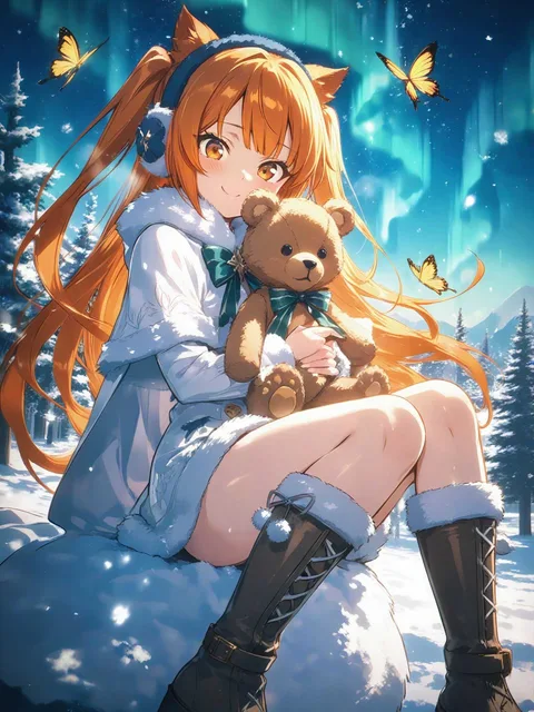 背景は蛍光色のオーロラモルフォル蝶がたくさん飛んでいる雪がキ…