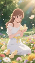 ヒヨコを守る優しい女性